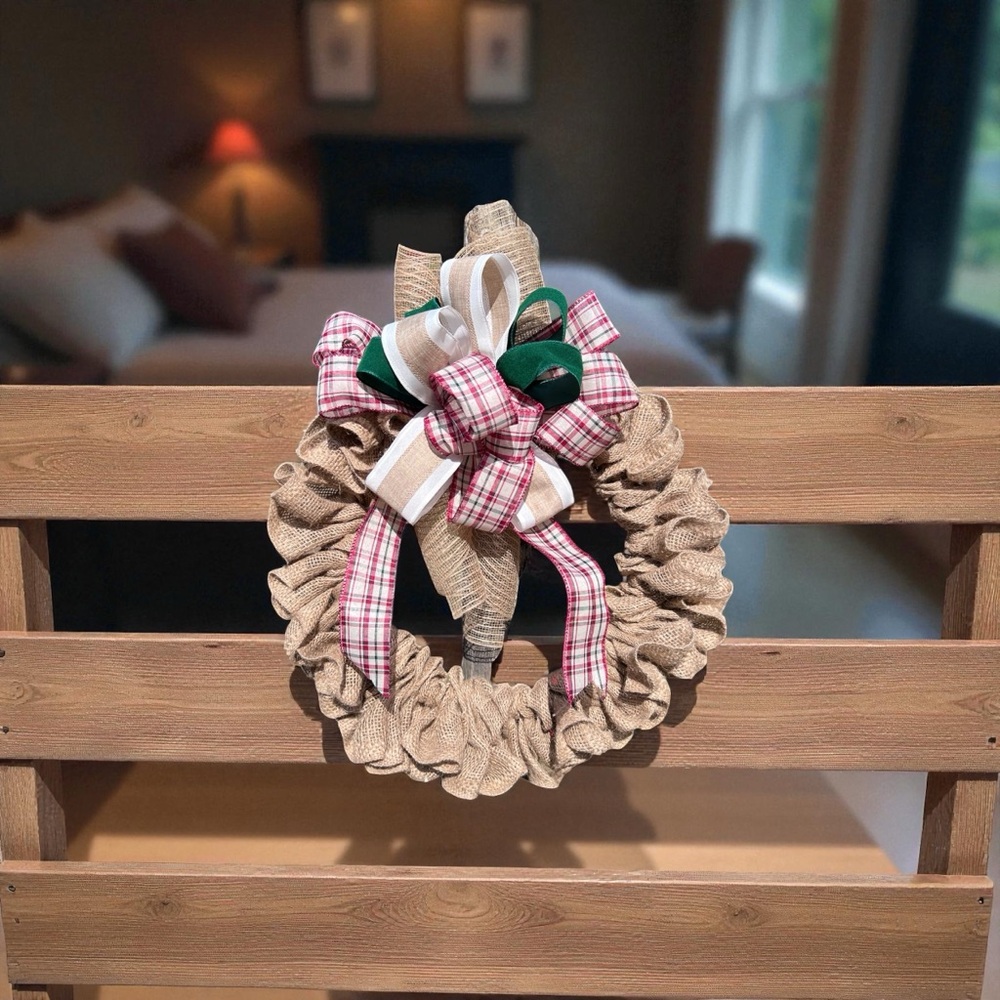 New! Festive Christmas Burlap Holiday Wreath with Red and‎ Green Accents, 19 in.